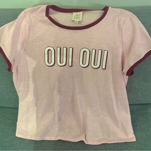 Cinq a Sept semi-sheer pink t-shirt with red collar and cuffs